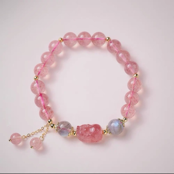 Natural Strawberry Quartz Moonstone PiXiu Love Healing Bracelet NWT - Picture 8 of 12